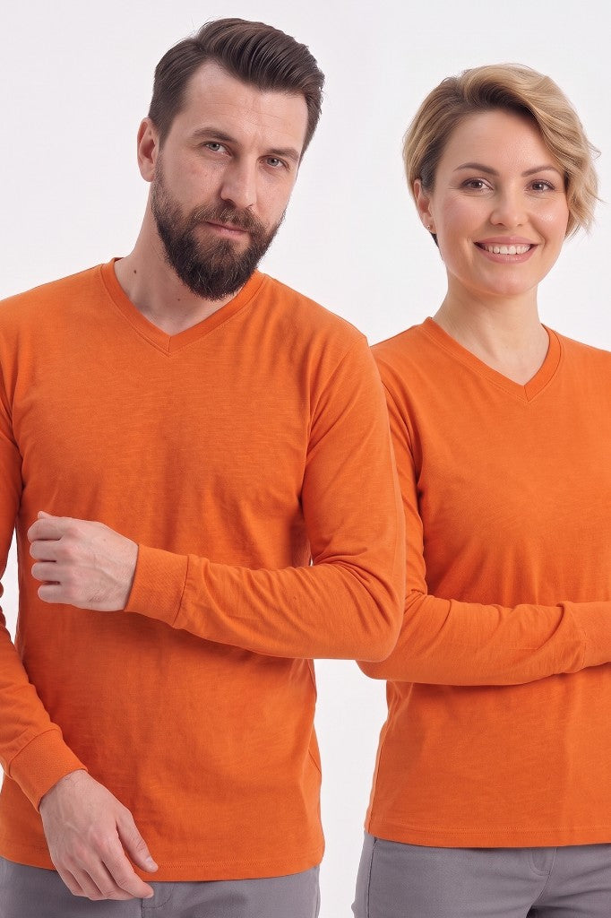 Turuncu %100 Pamuk Penye V Yaka Sweatshirt Uzun Kol