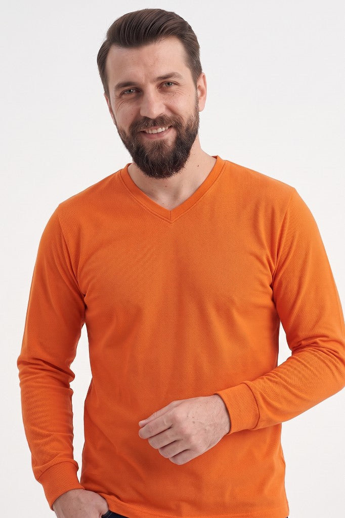 Turuncu %100 Pamuk Penye V Yaka Sweatshirt Uzun Kol