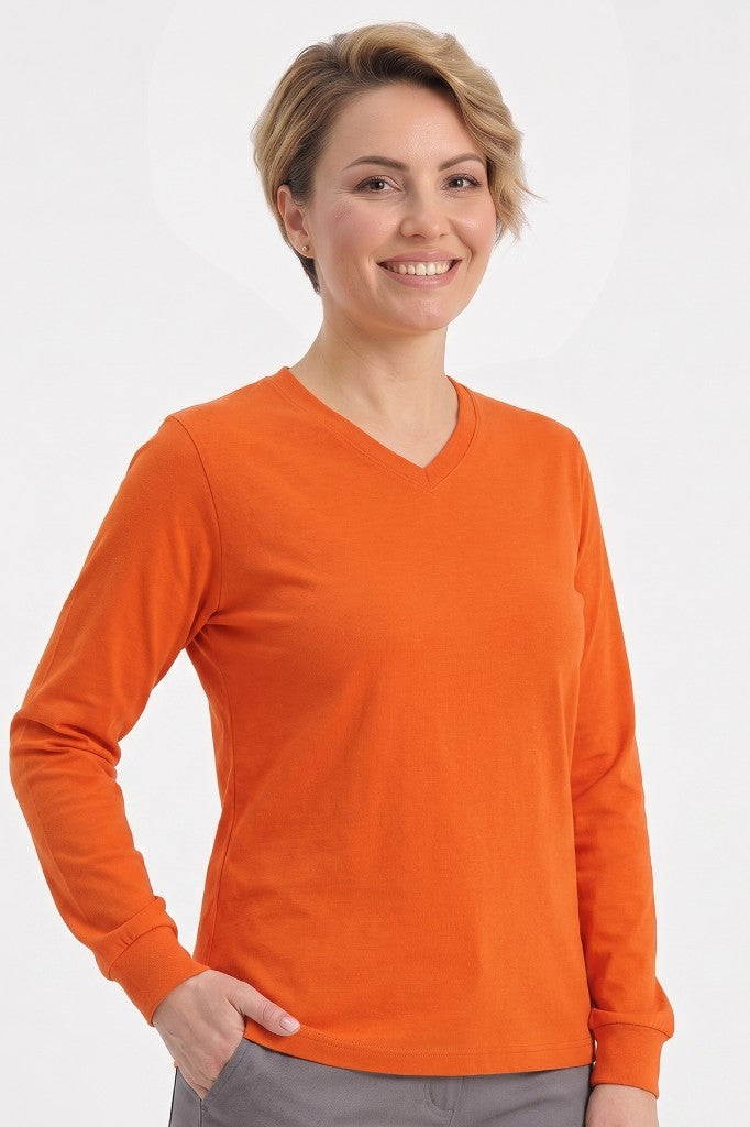 Turuncu %100 Pamuk Penye V Yaka Sweatshirt Uzun Kol
