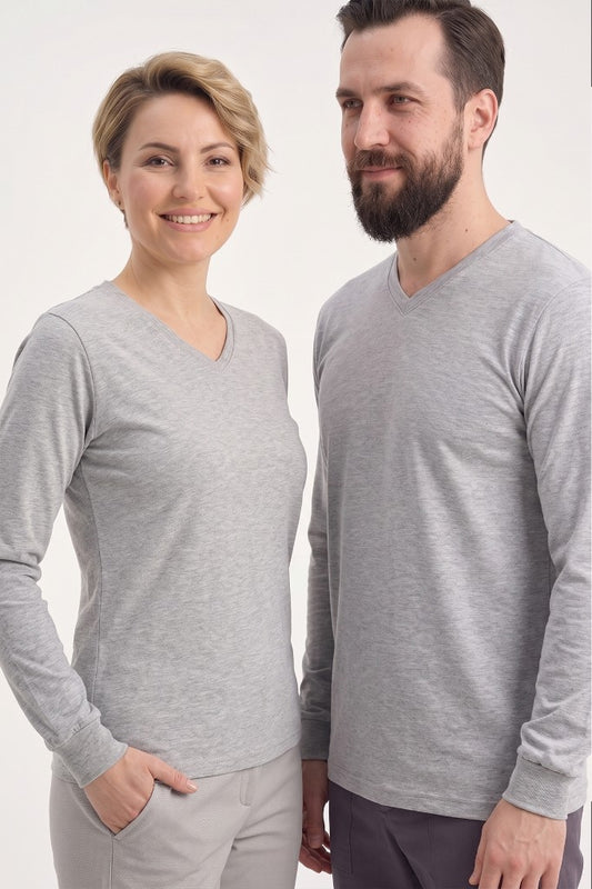 Gri Melanj %100 Pamuk Penye V Yaka Sweatshirt Uzun Kol