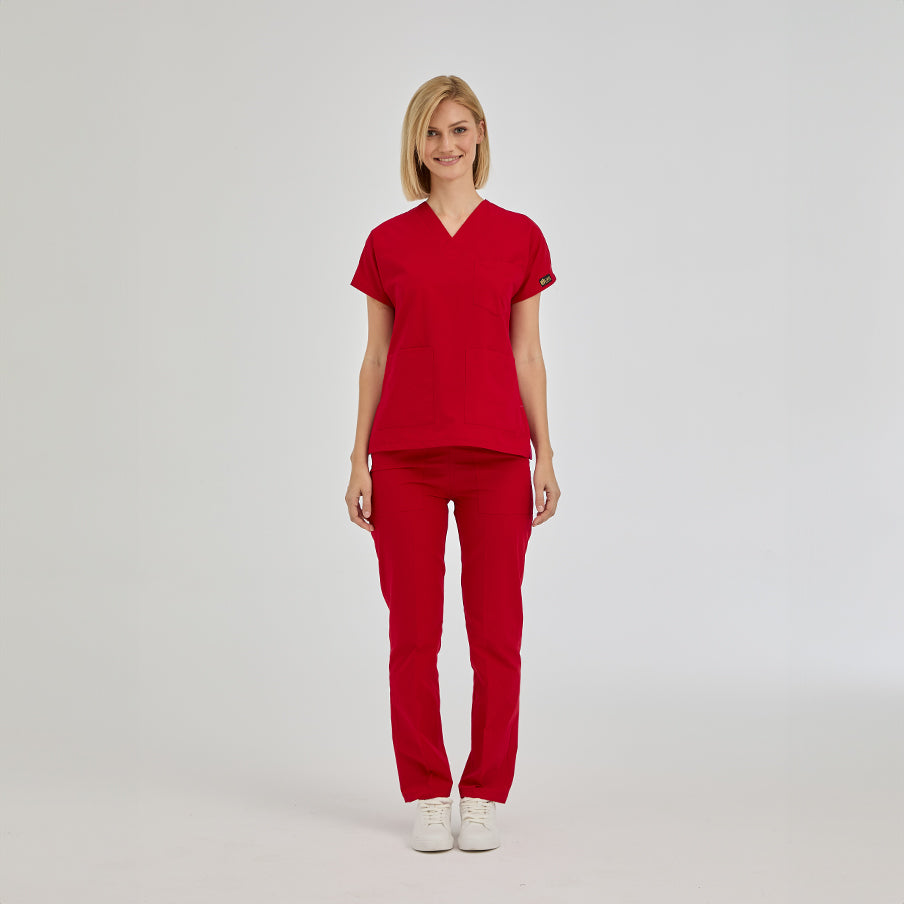 Kırmızı Dr. Greys  Scrubs Takım Terikoton Kumaş