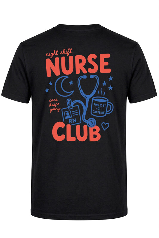 Night Shift Baskılı Kısa Kol Siyah Tişört (%100 Pamuk Penye Kumaş)