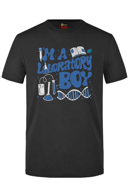 Laboratory Boy Baskılı Kısa Kol Siyah Tişört (%100 Pamuk Penye Kumaş)