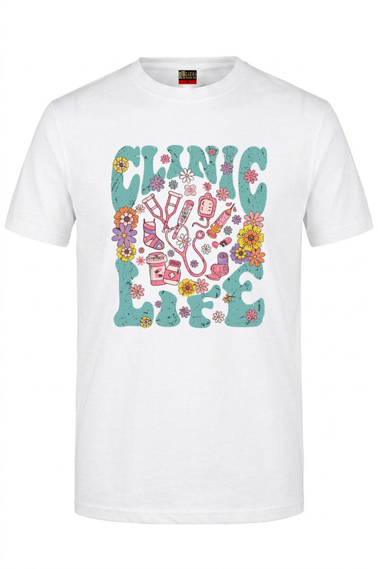 Clinic Life Baskılı Kısa Kol Beyaz Tişört (%100 Pamuk Penye Kumaş)