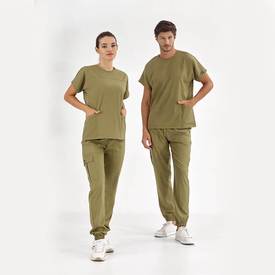 Haki Basic  Scrubs Takım Lüks Likralı Kumaş