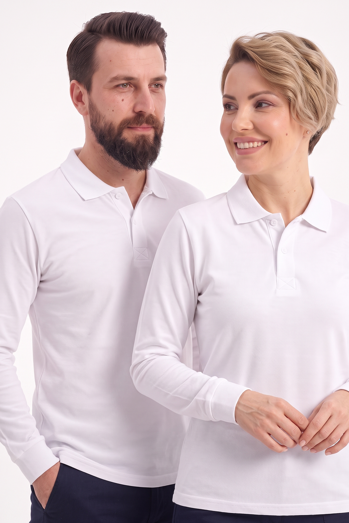 Beyaz Polo Yaka Uzun Kol İş Sweatshirtü Penye Lacoste Kumaş