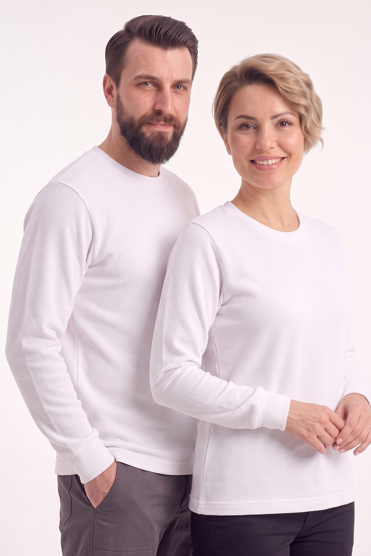 Beyaz Yuvarlak Yaka İş Sweatshirt 2 İplik
