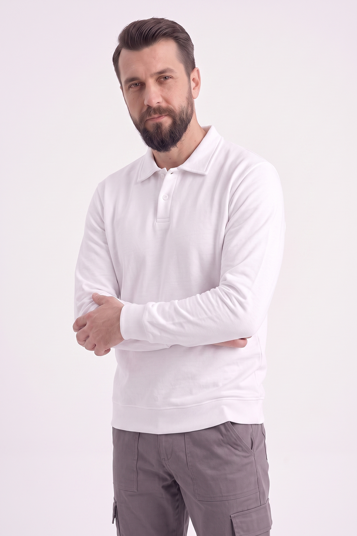 Beyaz Polo Yaka İş Sweatshirt 3 İplik