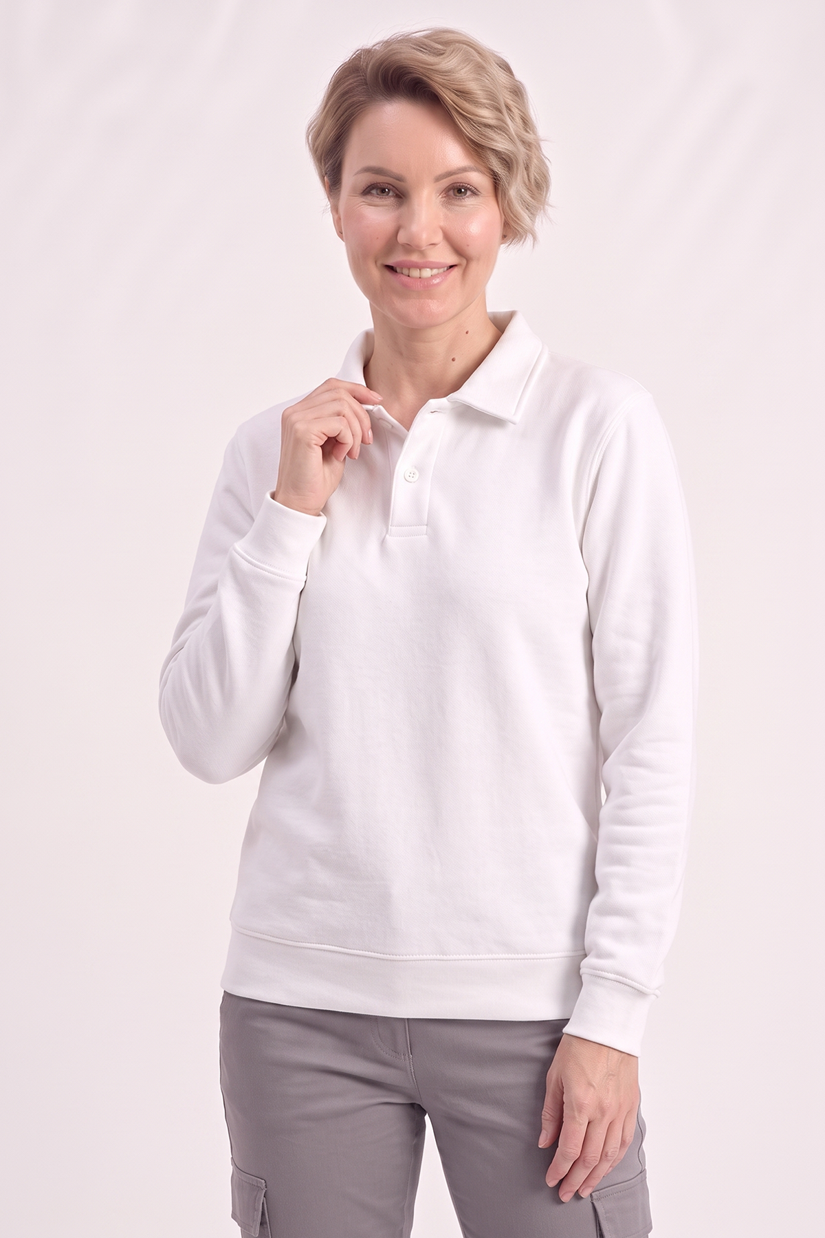 Beyaz Polo Yaka İş Sweatshirt 3 İplik Şardonlu