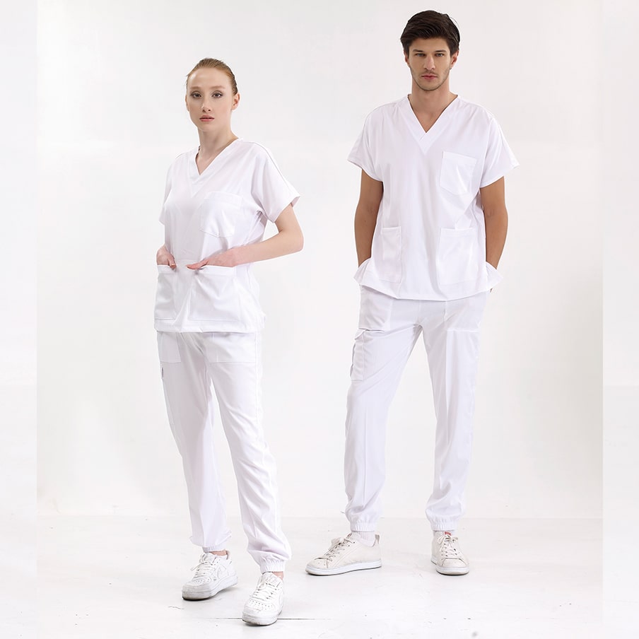 Beyaz Jogger  Scrubs Takım Lüks Likralı Kumaş