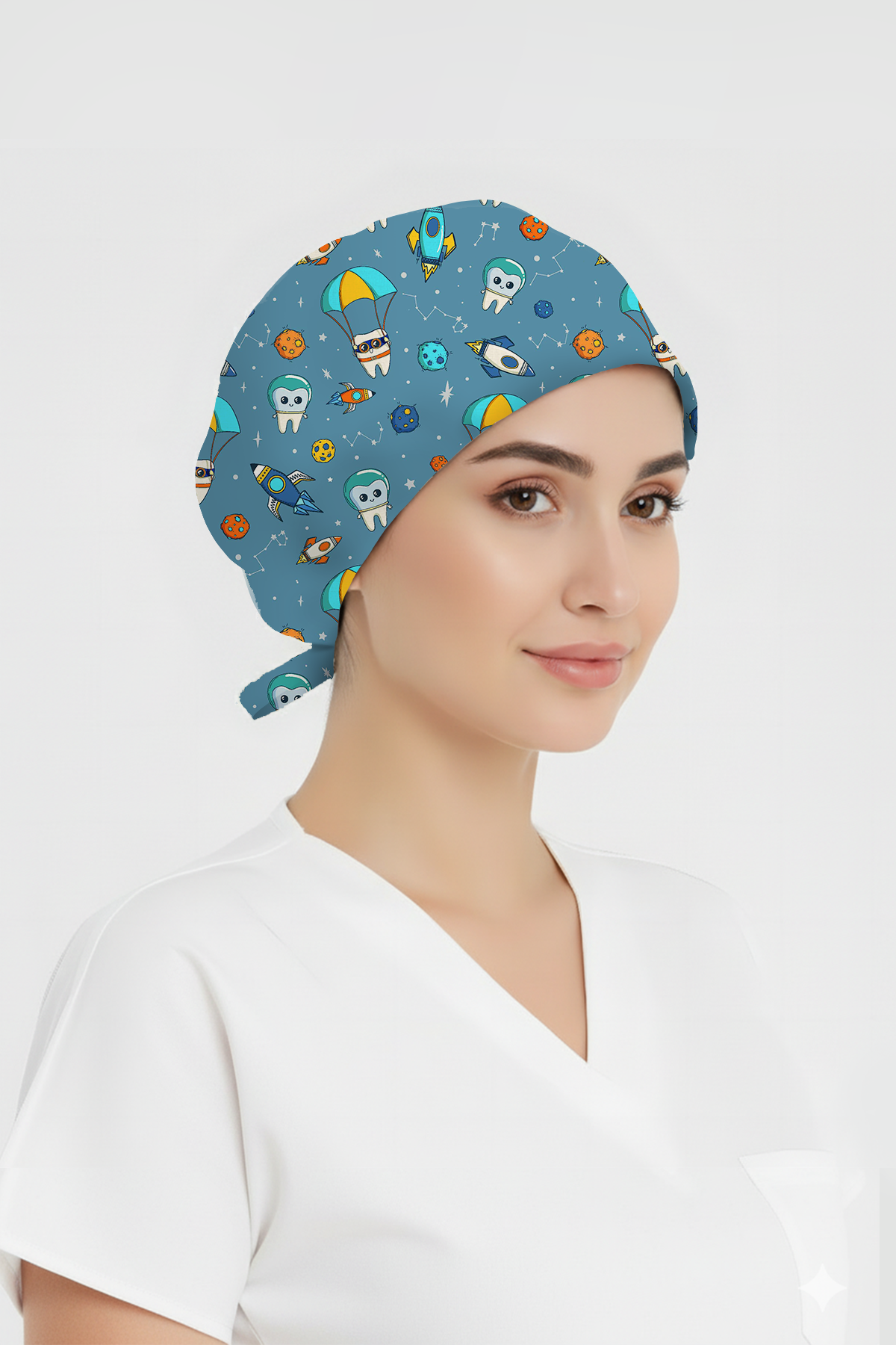 Astronot Dişler Desenli Bone (Cotton Likra Kumaş)