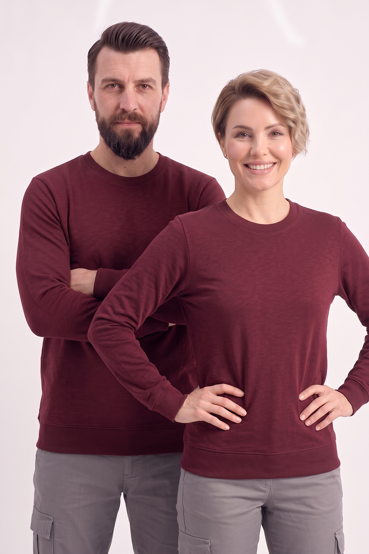 Bordo Yuvarlak Yaka İş Sweatshirt 2 İplik