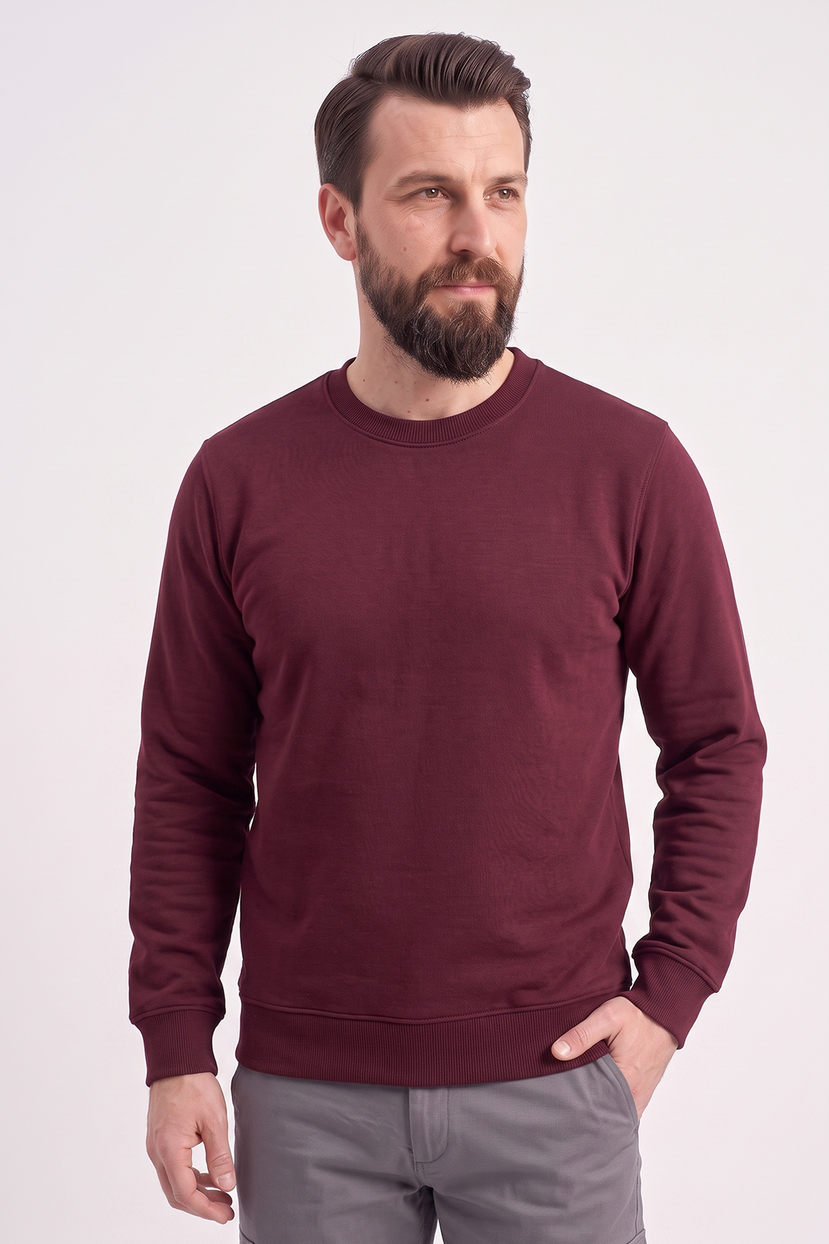 Bordo Yuvarlak Yaka İş Sweatshirt 2 İplik