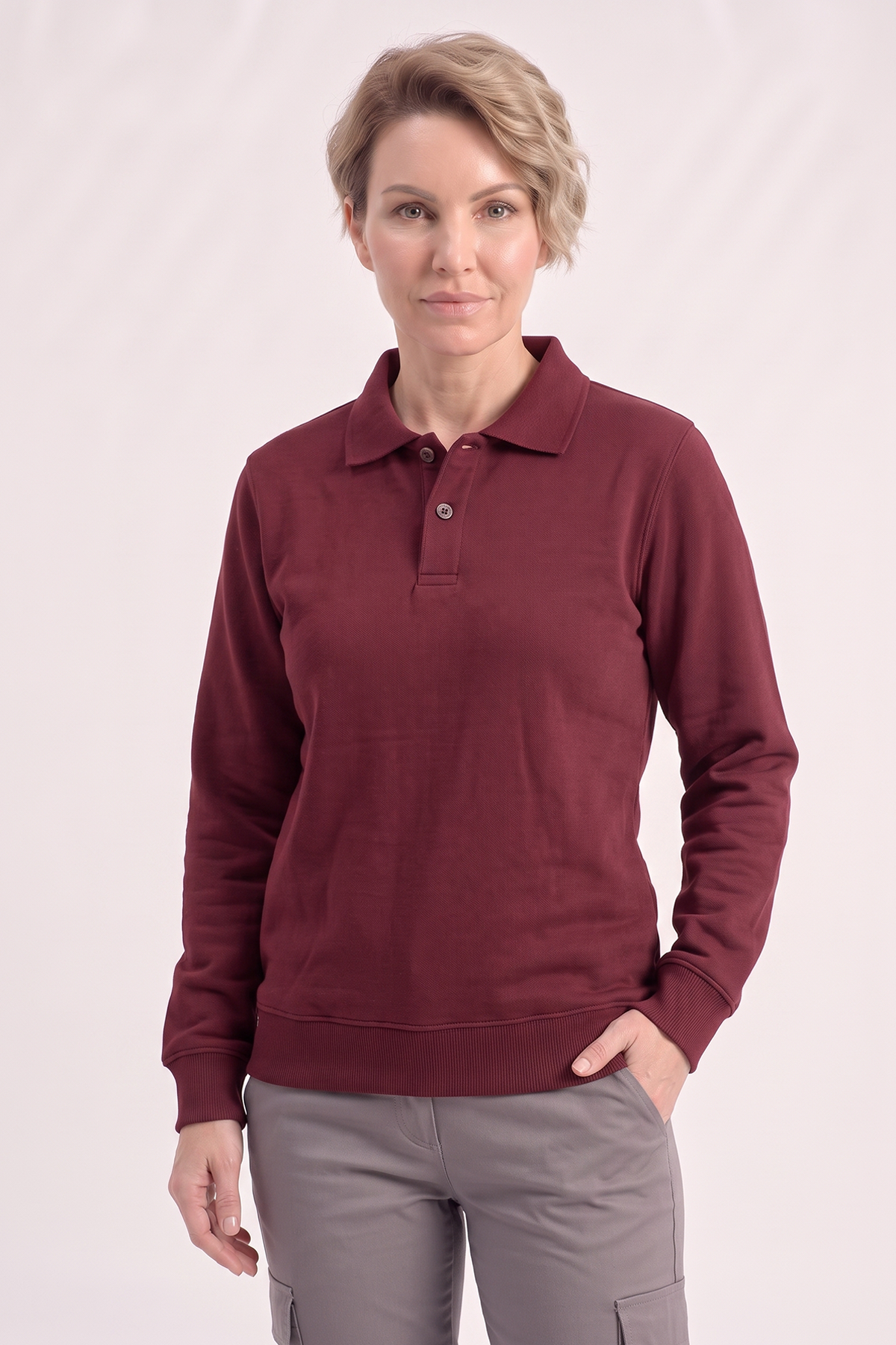 Bordo Polo Yaka İş Sweatshirt 3 İplik