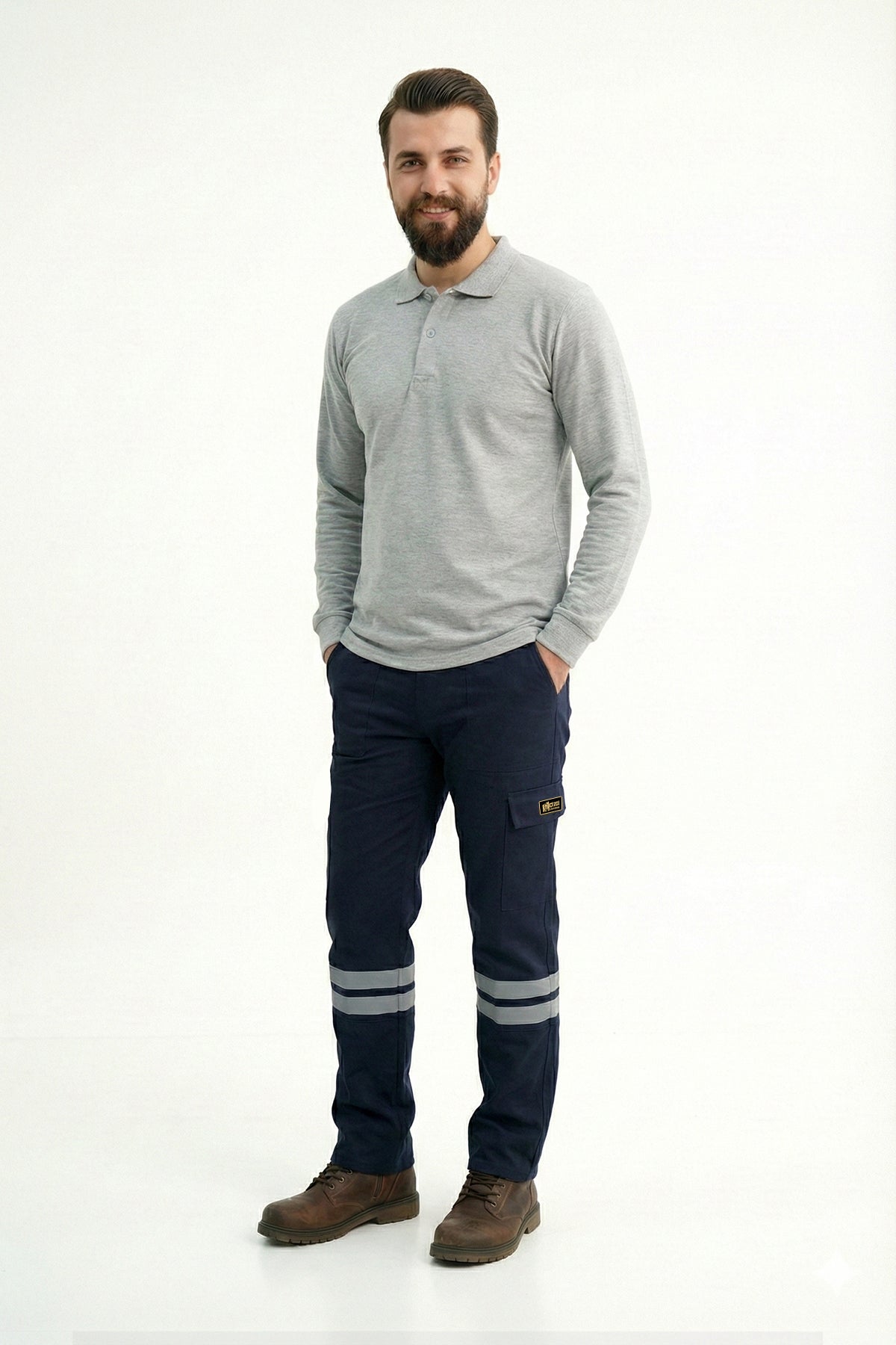 Gri Melanj Polo Yaka Uzun Kol İş Sweatshirtü Penye Lacoste Kumaş