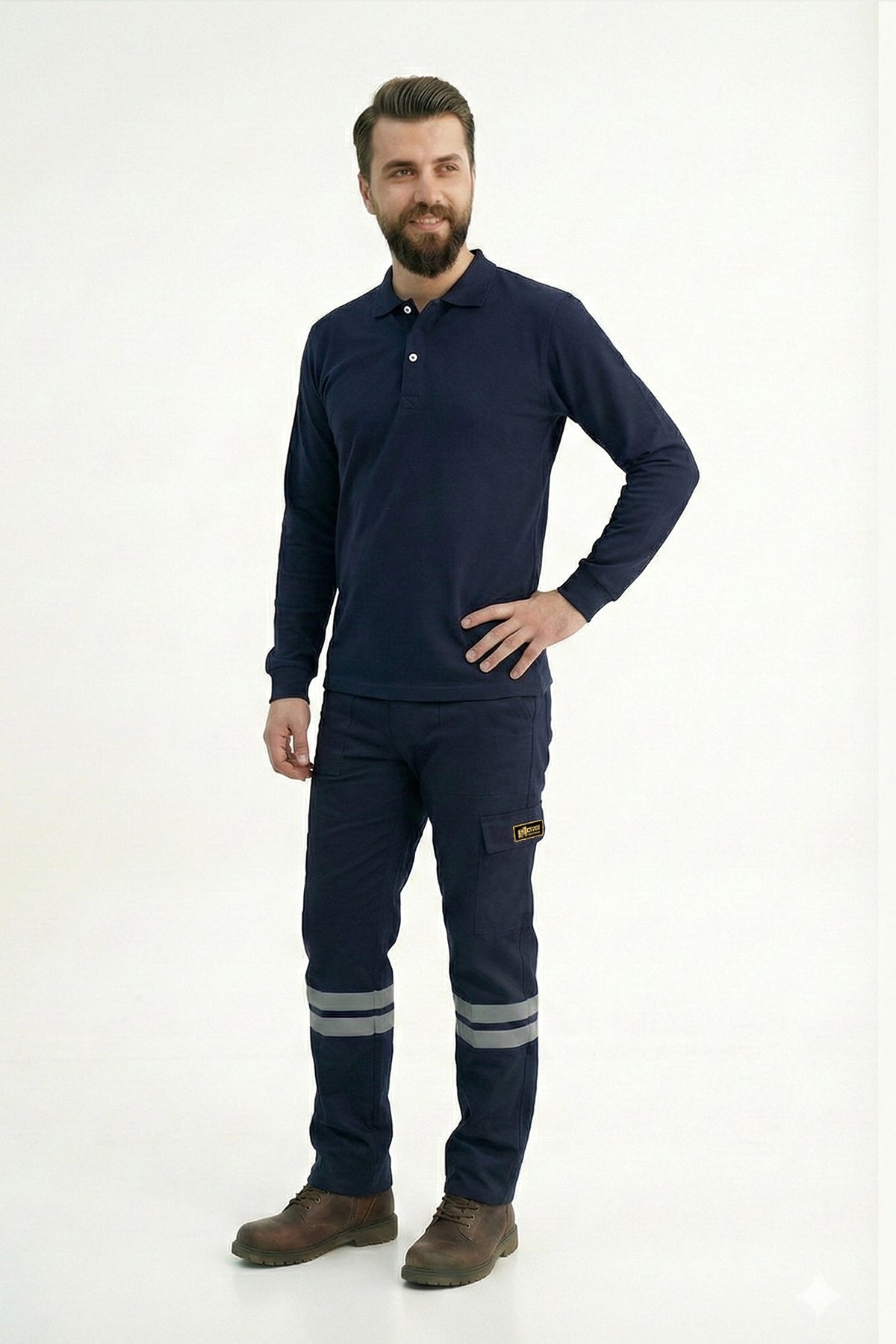 Lacivert Polo Yaka Uzun Kol İş Sweatshirtü Penye Lacoste Kumaş