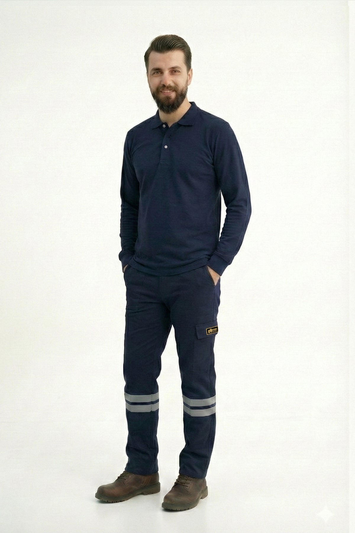 Lacivert Polo Yaka Uzun Kol İş Sweatshirtü Penye Lacoste Kumaş