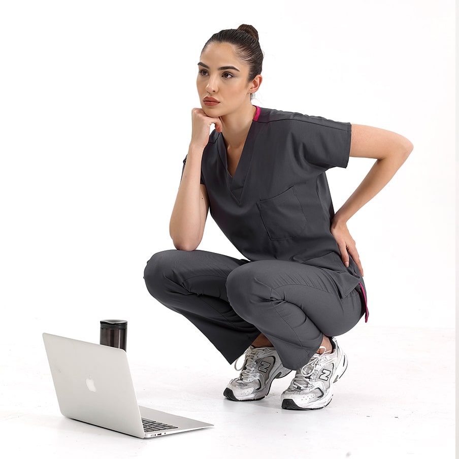 Füme Dr. Greys  Scrubs Takım Lüks Likralı Kumaş