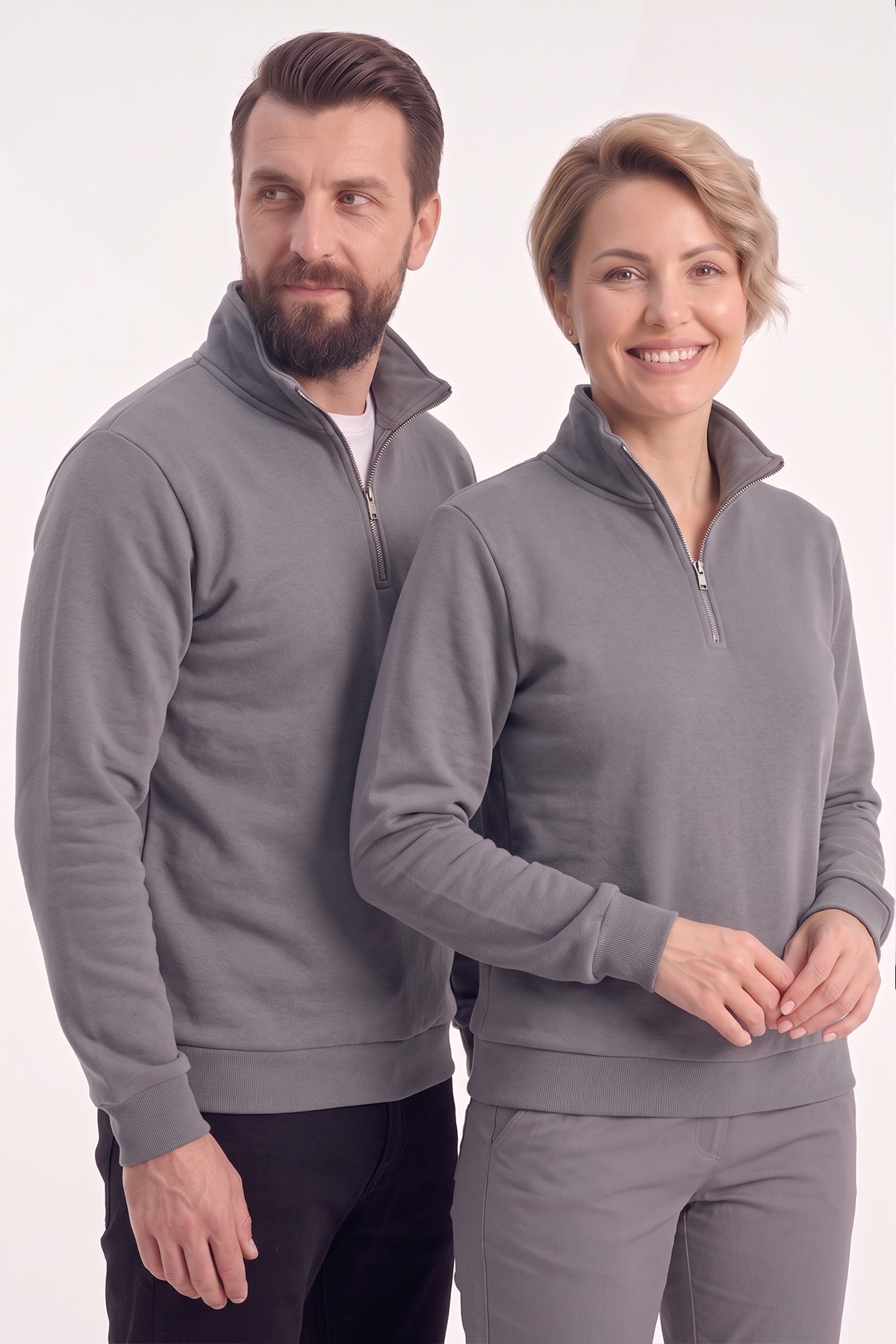 Gri Dik Yaka Yarım Fermuarlı İş Sweatshirt 3 İplik