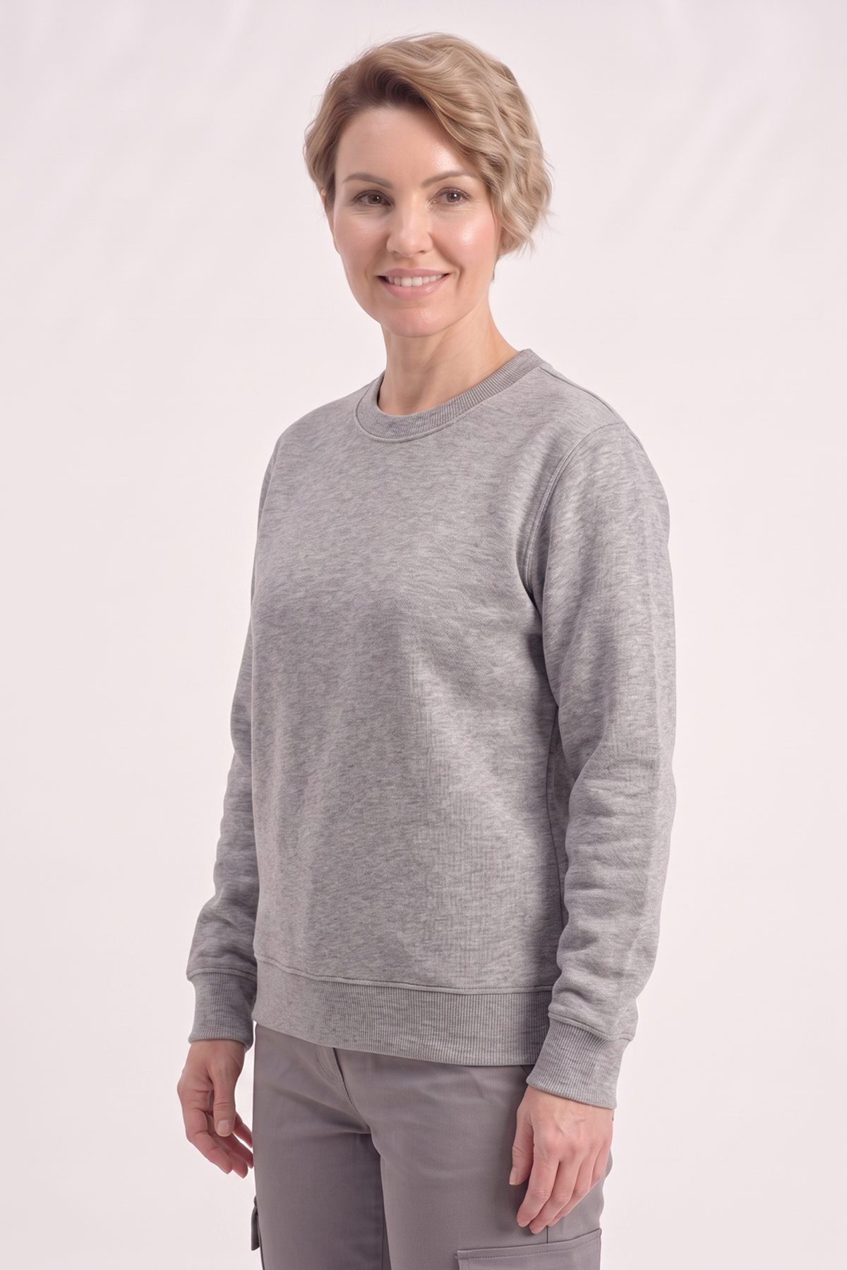 Gri Melanj Yuvarlak Yaka İş Sweatshirt 2 İplik