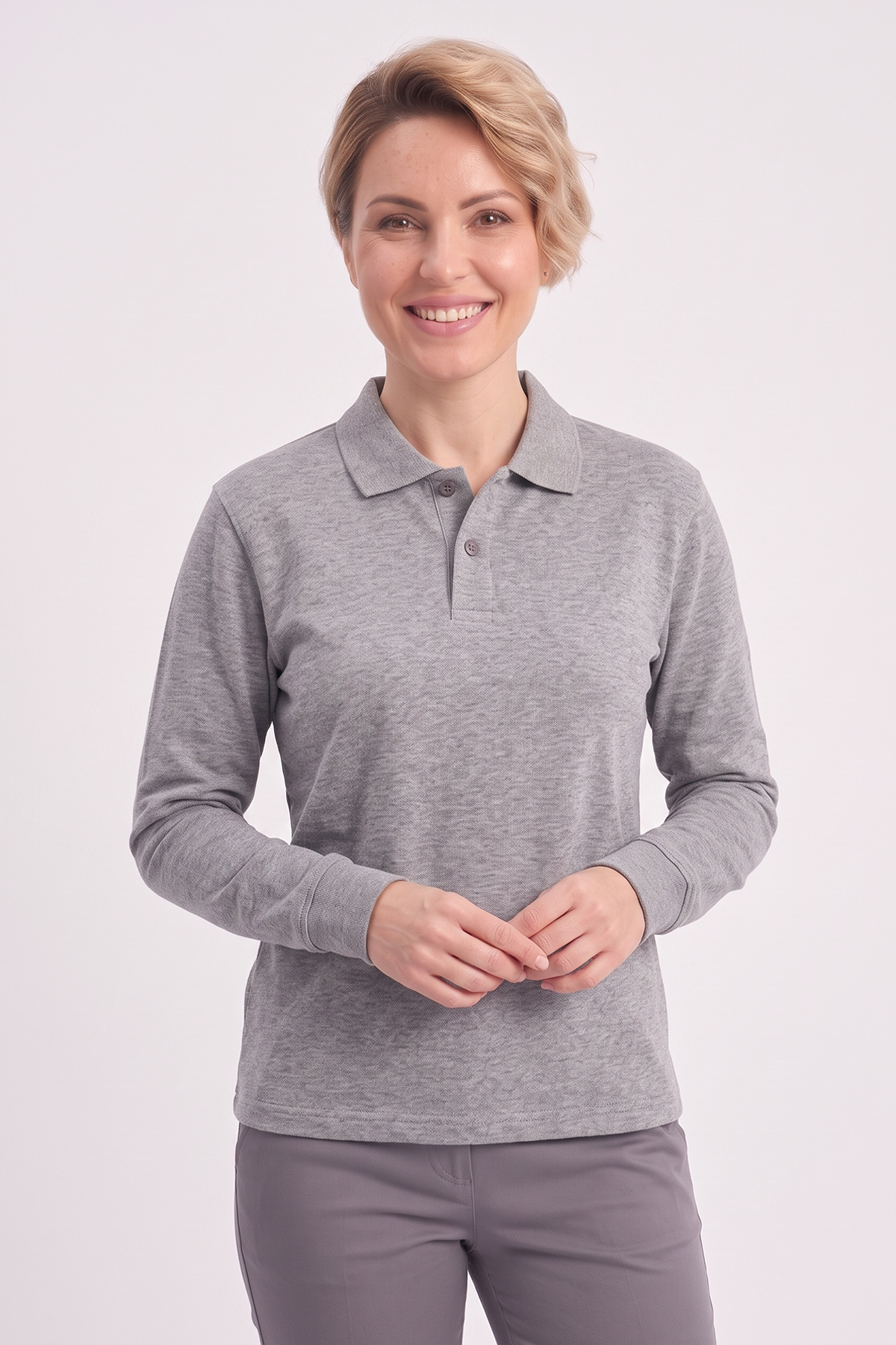 Gri Melanj Polo Yaka İş Sweatshirt 3 İplik Şardonlu