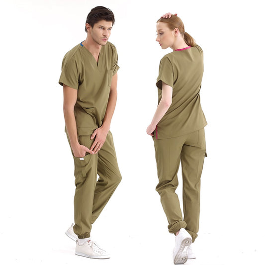 Haki Jogger  Scrubs Takım Lüks Likralı Kumaş