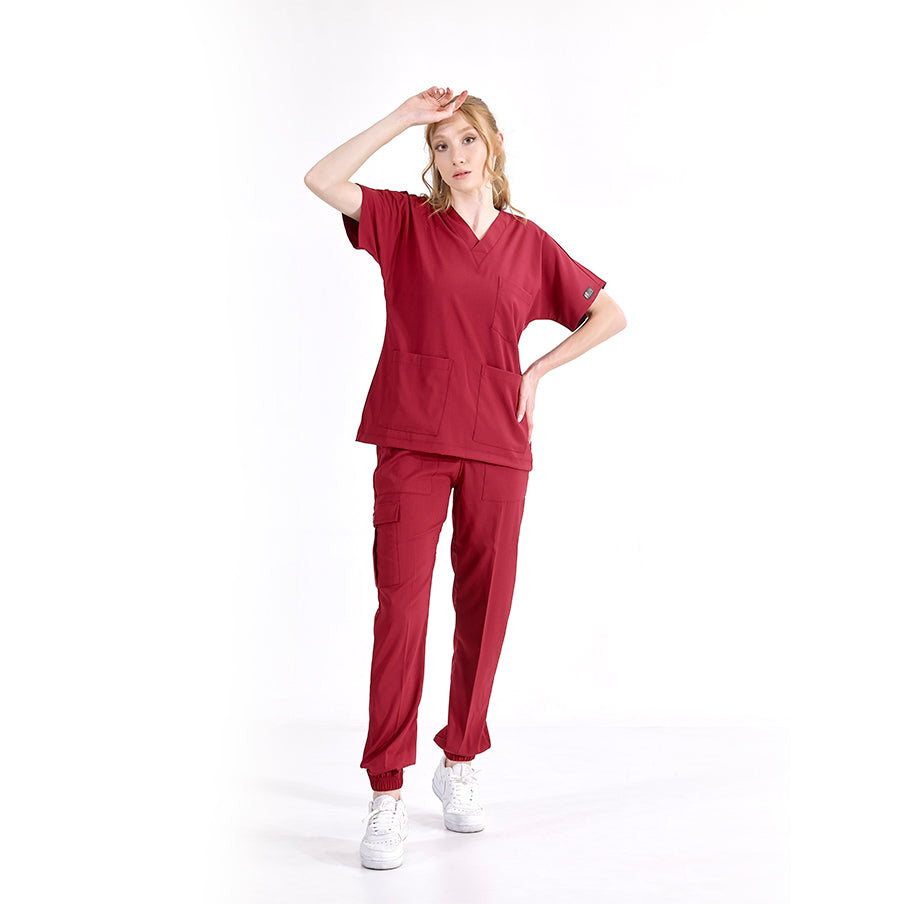 Bordo Jogger  Scrubs Takım Lüks Likralı Kumaş