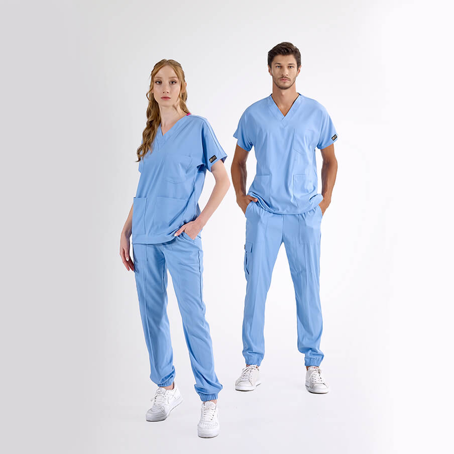 Açık Mavi Jogger  Scrubs Takım Lüks Likralı Kumaş