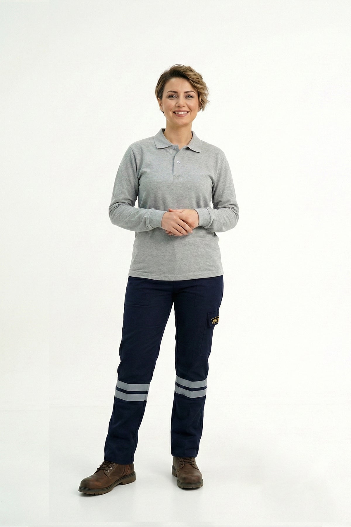 Gri Melanj Polo Yaka Uzun Kol İş Sweatshirtü Penye Lacoste Kumaş
