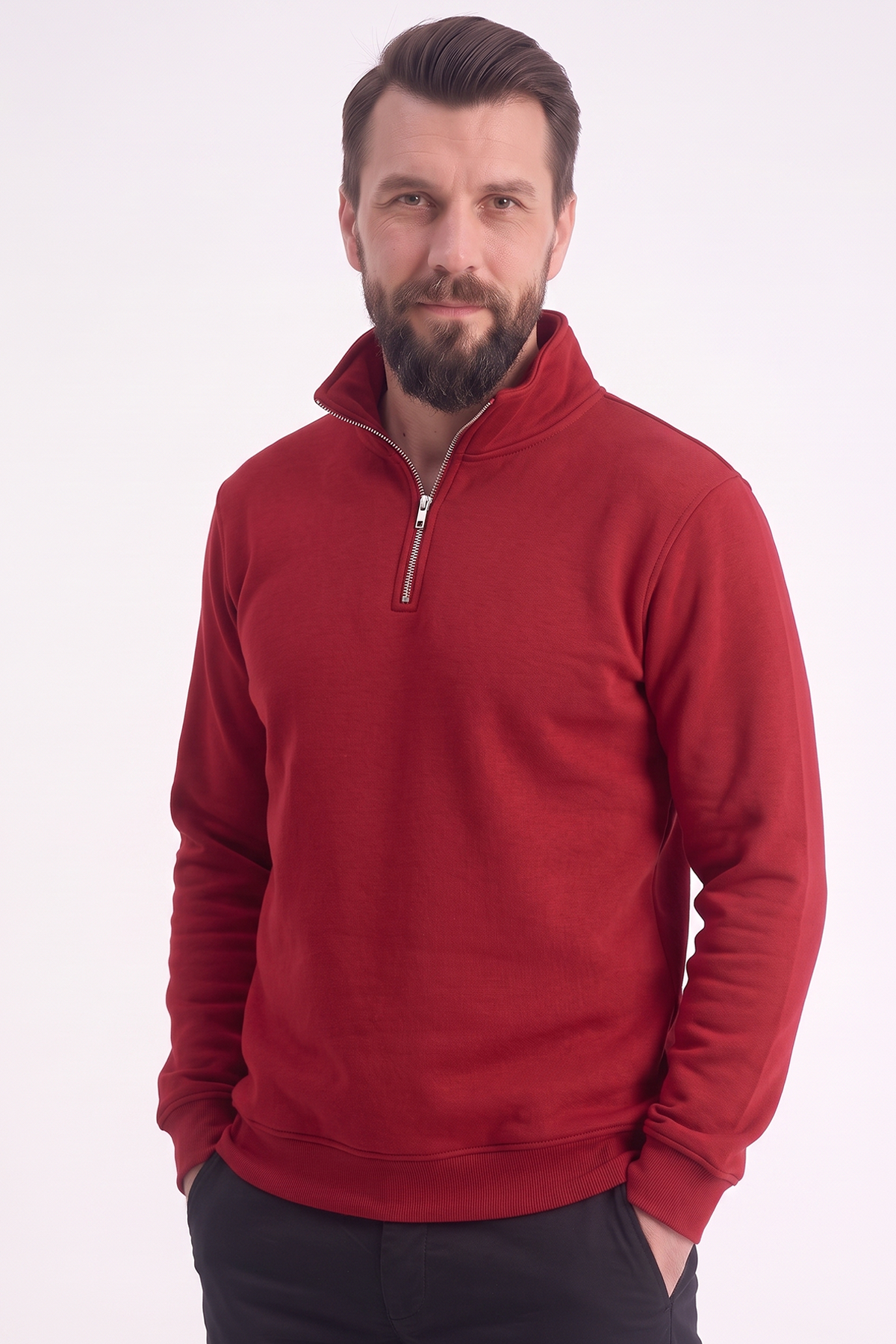 Kırmızı Dik Yaka Yarım Fermuarlı İş Sweatshirt 3 İplik