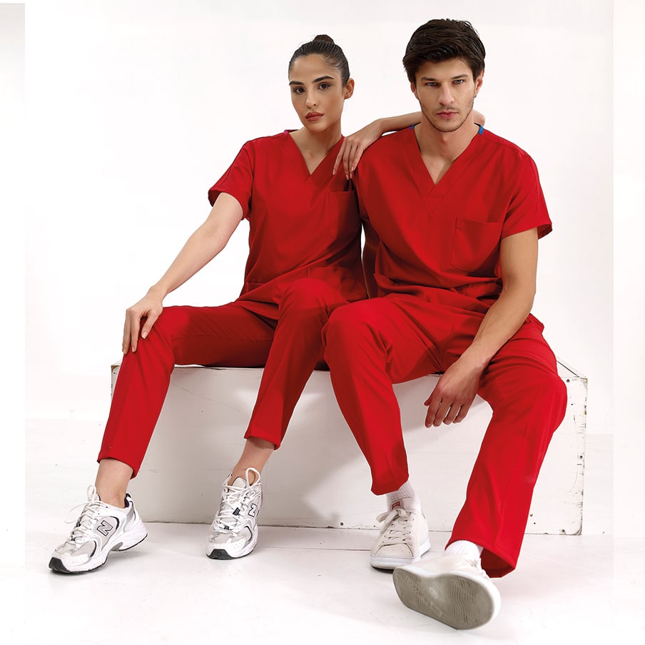 Kırmızı Dr. Greys  Scrubs Takım Lüks Likralı Kumaş