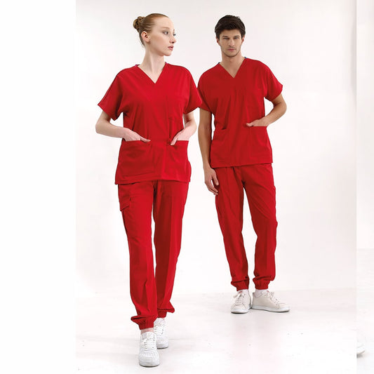 Kırmızı Jogger  Scrubs Takım Lüks Likralı Kumaş