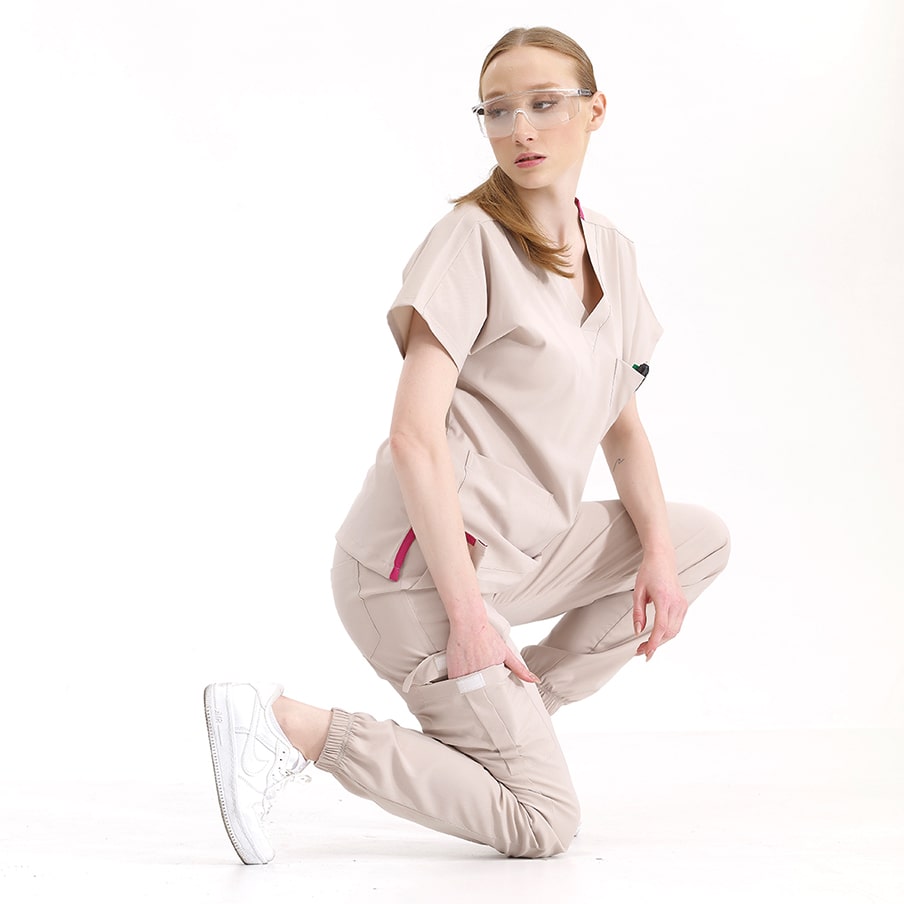 Krem Jogger  Scrubs Takım Lüks Likralı Kumaş