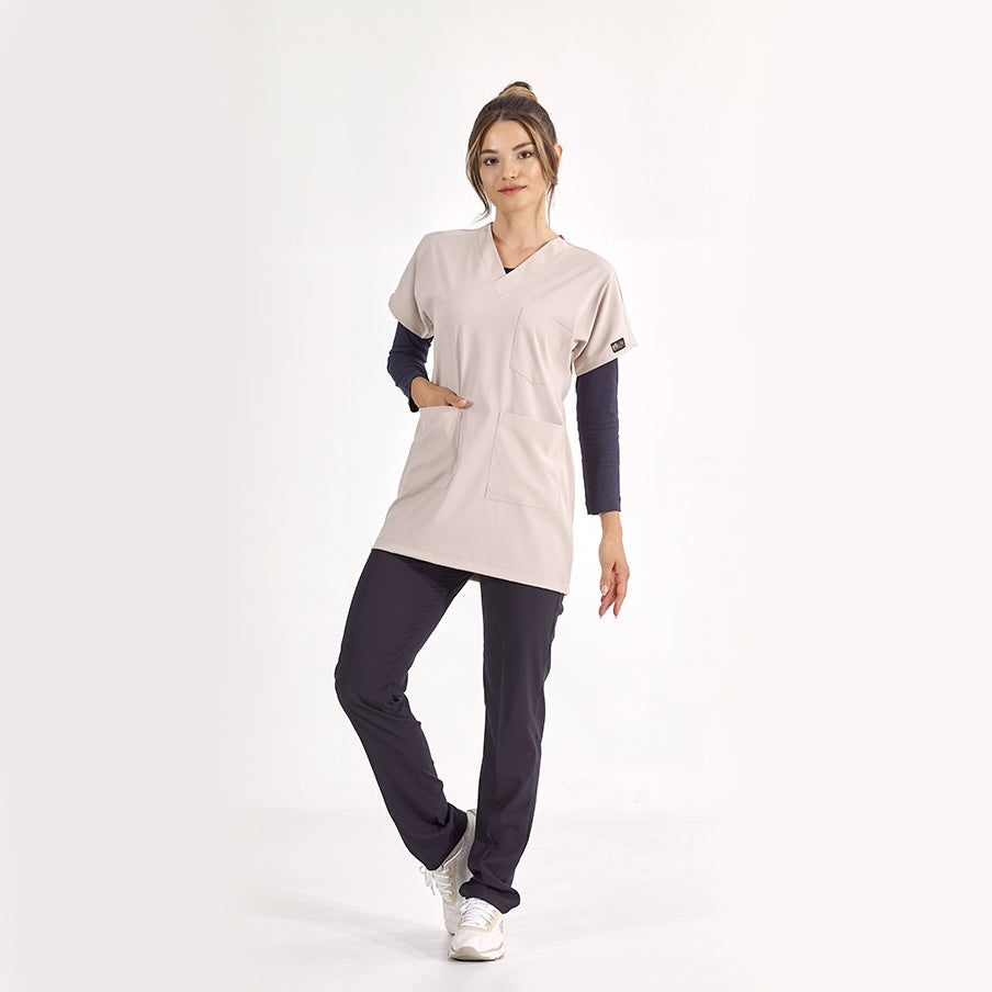 Krem Greys Tunik Boy Tesettür  Forma Tek Üst Lüks Likralı Kumaş