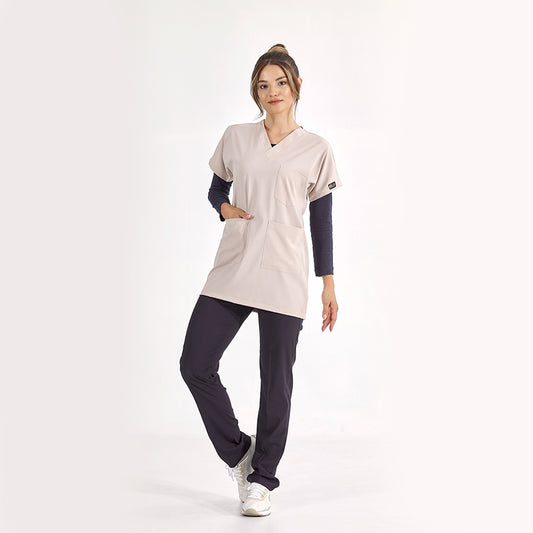 Krem Greys Tunik Boy Tesettür  Forma Tek Üst Lüks Likralı Kumaş