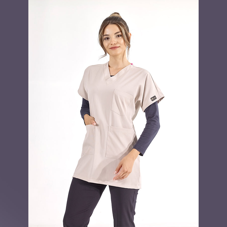 Krem Greys Tunik Boy Tesettür  Forma Tek Üst Lüks Likralı Kumaş