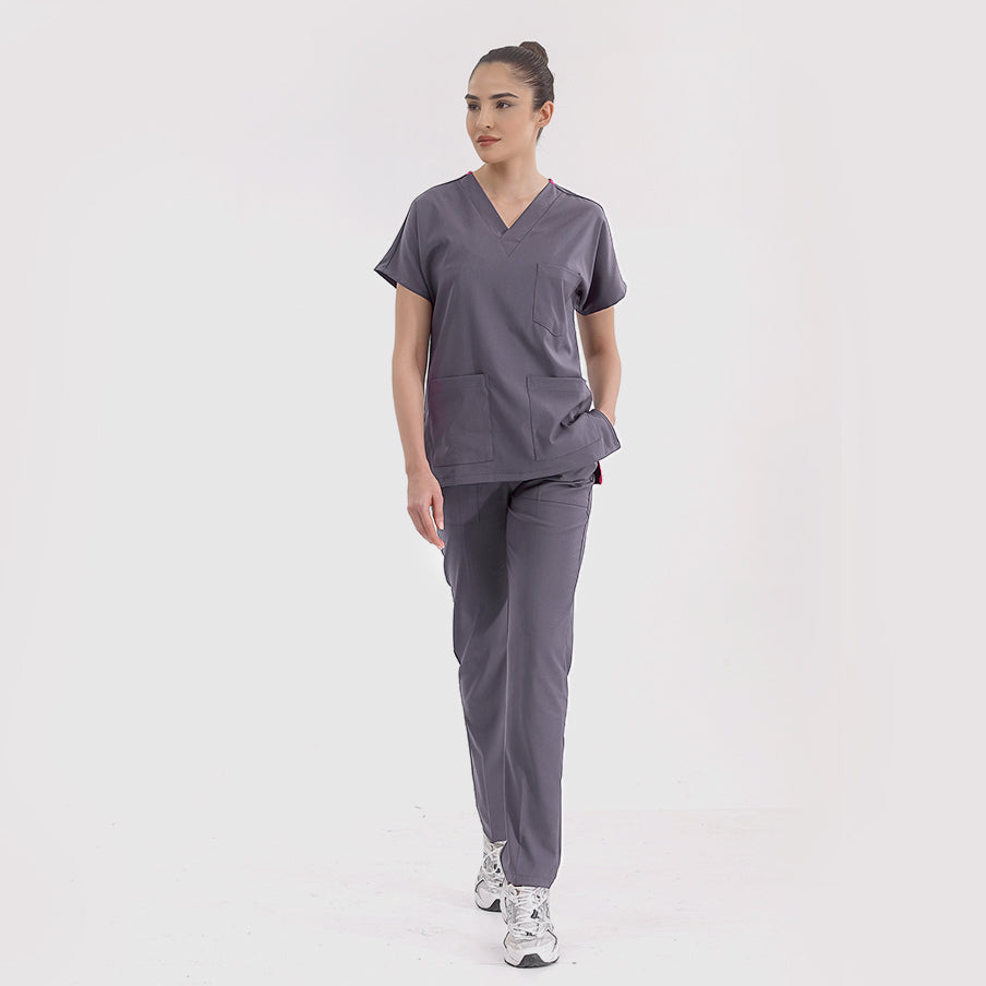 Kurşuni Gri Dr. Greys  Scrubs Takım Lüks Likralı Kumaş