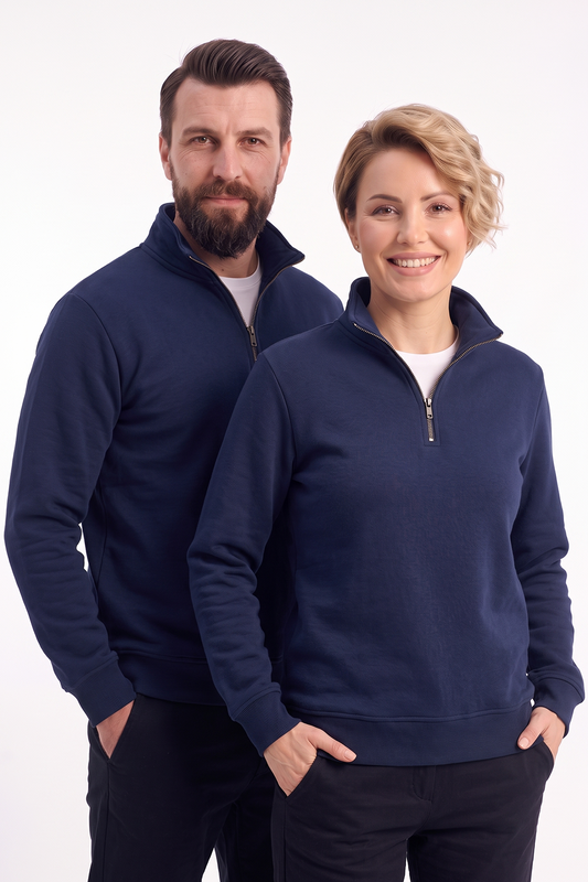 Lacivert Dik Yaka Yarım Fermuarlı İş Sweatshirt 3 İplik