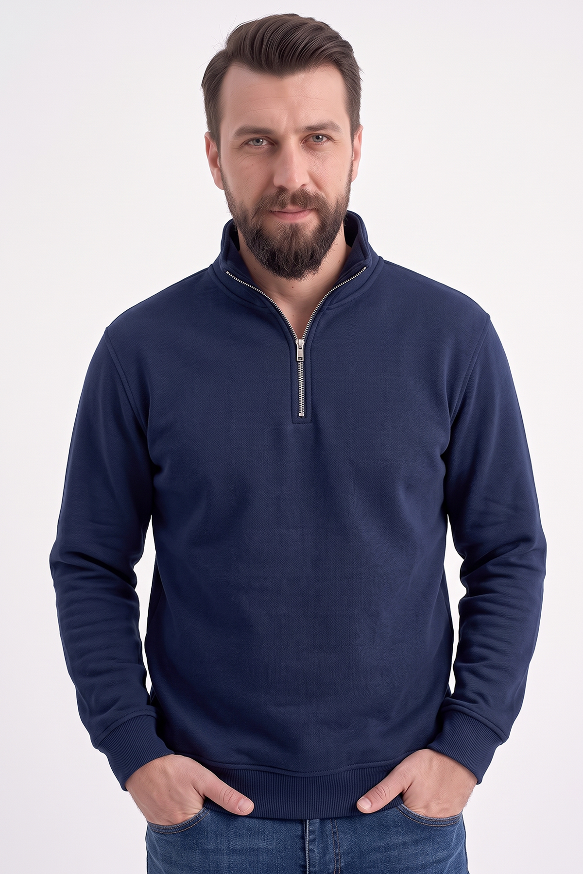 Lacivert Dik Yaka Yarım Fermuarlı İş Sweatshirt 3 İplik