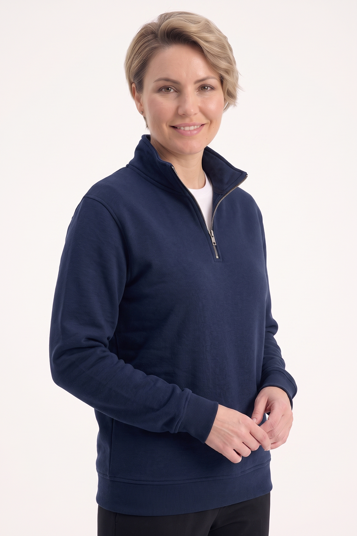 Lacivert Dik Yaka Yarım Fermuarlı İş Sweatshirt 3 İplik