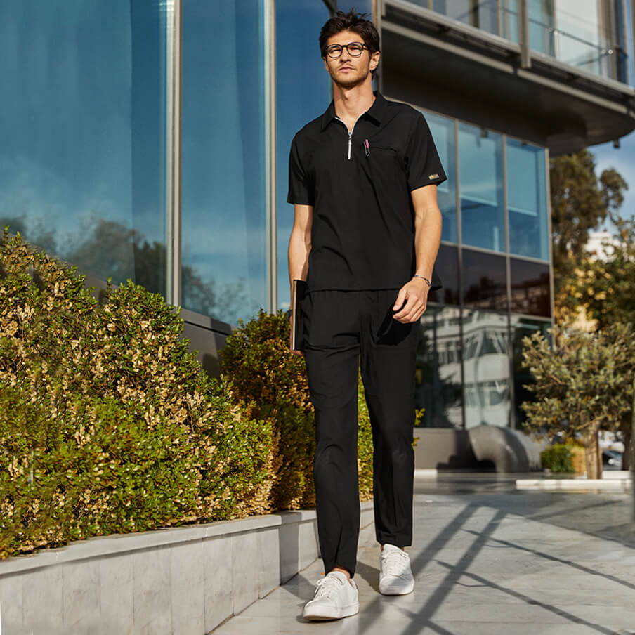 Siyah Polo Yaka  Scrubs Takım Lüks Likralı Kumaş
