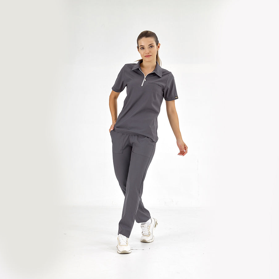 Füme Polo Yaka  Scrubs Takım Lüks Likralı Kumaş