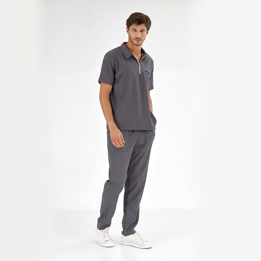 Füme Polo Yaka  Scrubs Takım Lüks Likralı Kumaş