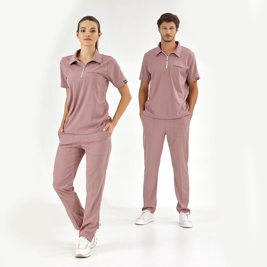 Gül Kurusu Polo Yaka  Scrubs Takım Lüks Likralı Kumaş