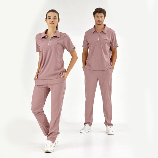 Gül Kurusu Polo Yaka  Scrubs Takım Lüks Likralı Kumaş