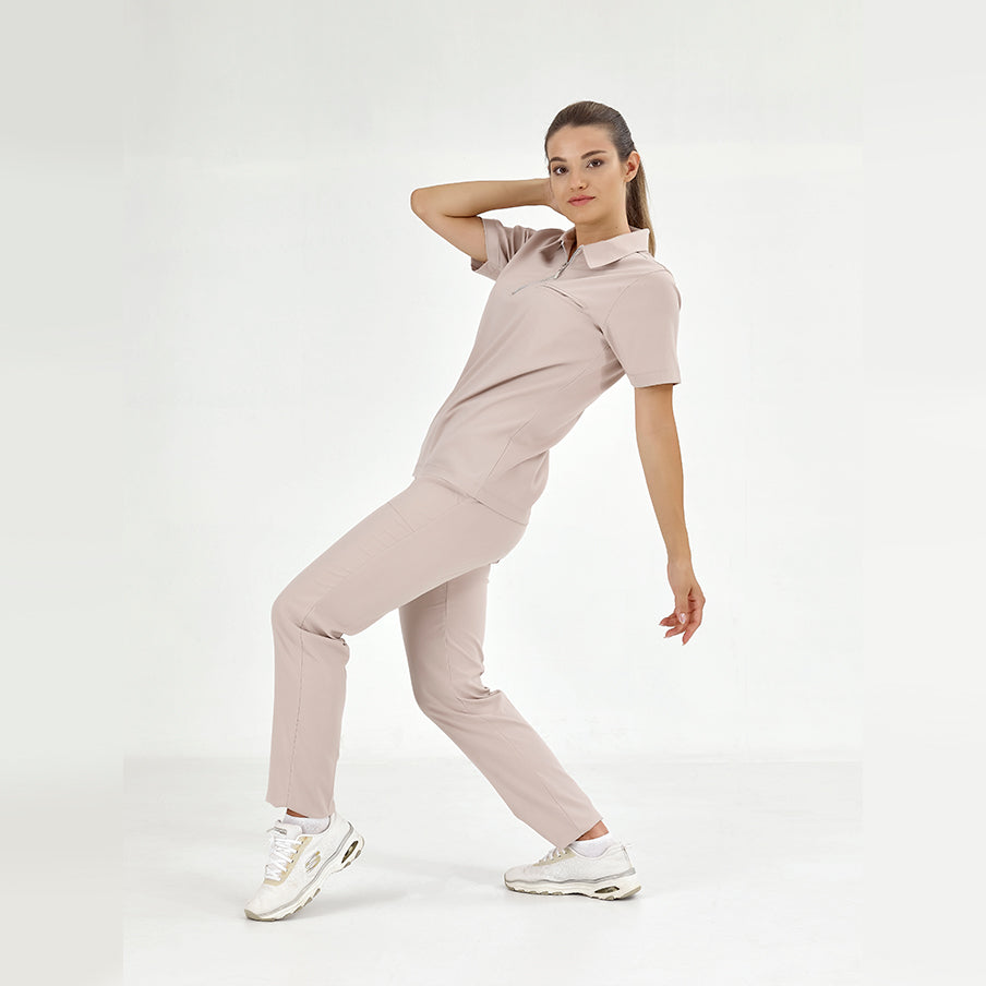 Krem Polo Yaka  Scrubs Takım Lüks Likralı Kumaş
