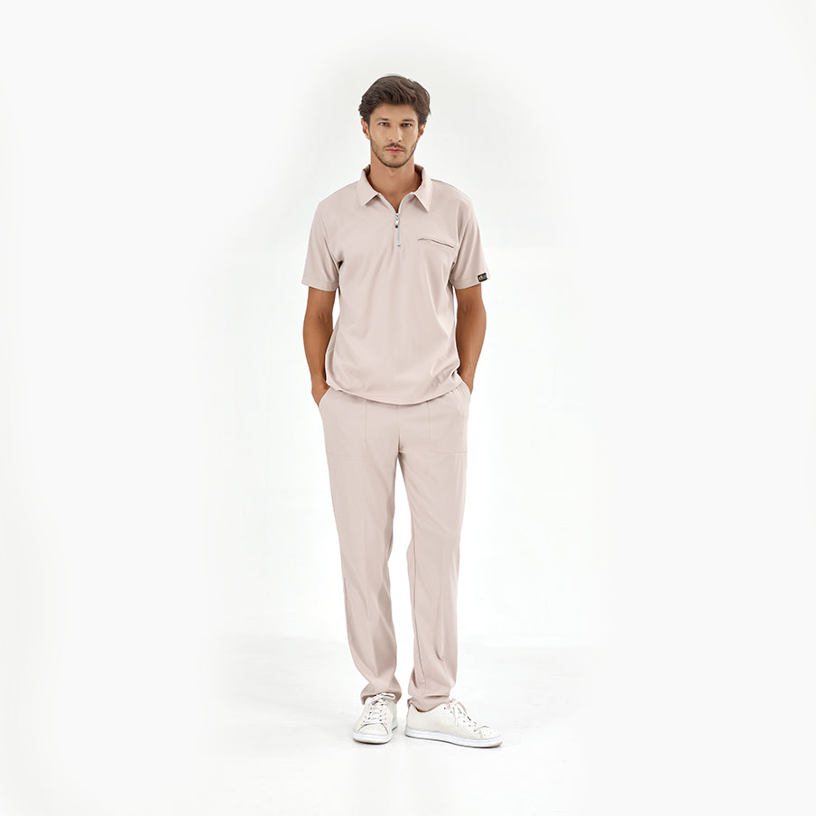 Krem Polo Yaka  Scrubs Takım Lüks Likralı Kumaş