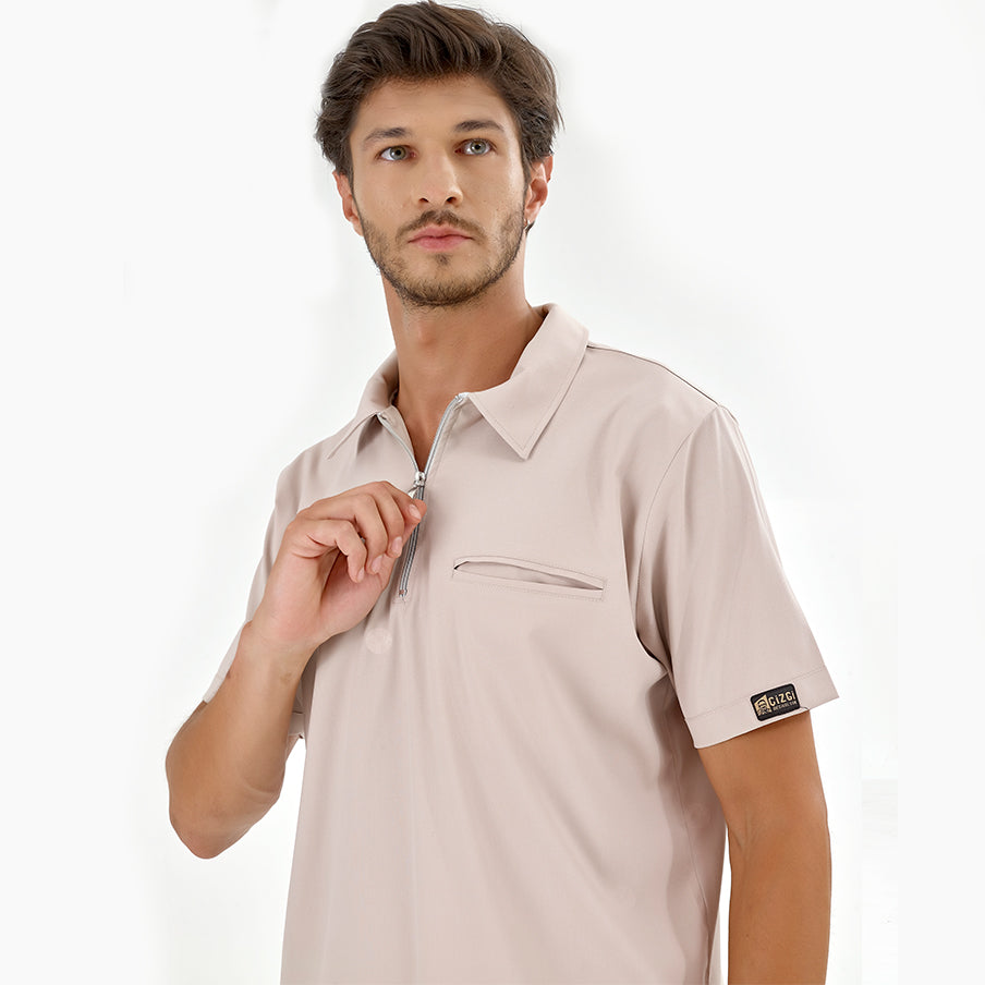 Krem Polo Yaka  Scrubs Takım Lüks Likralı Kumaş