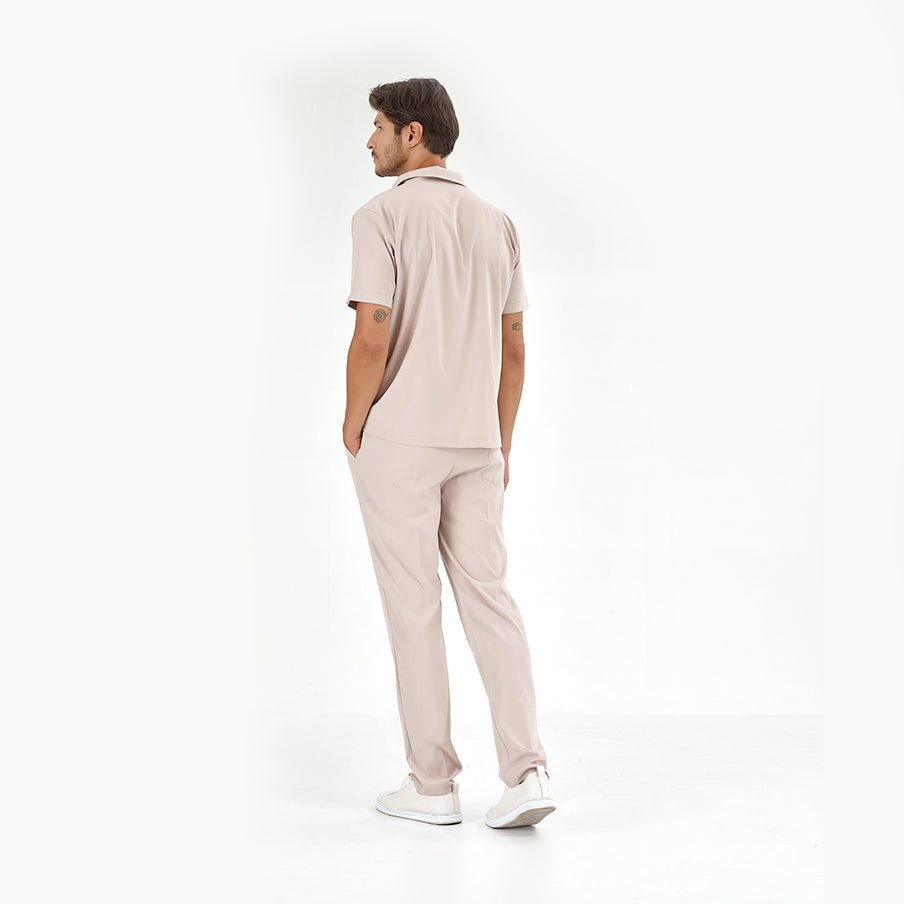 Krem Polo Yaka  Scrubs Takım Lüks Likralı Kumaş