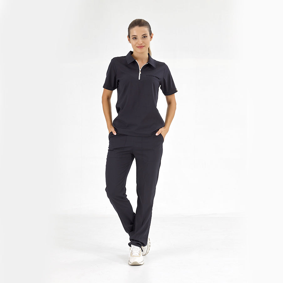 Lacivert Polo Yaka  Scrubs Takım Lüks Likralı Kumaş